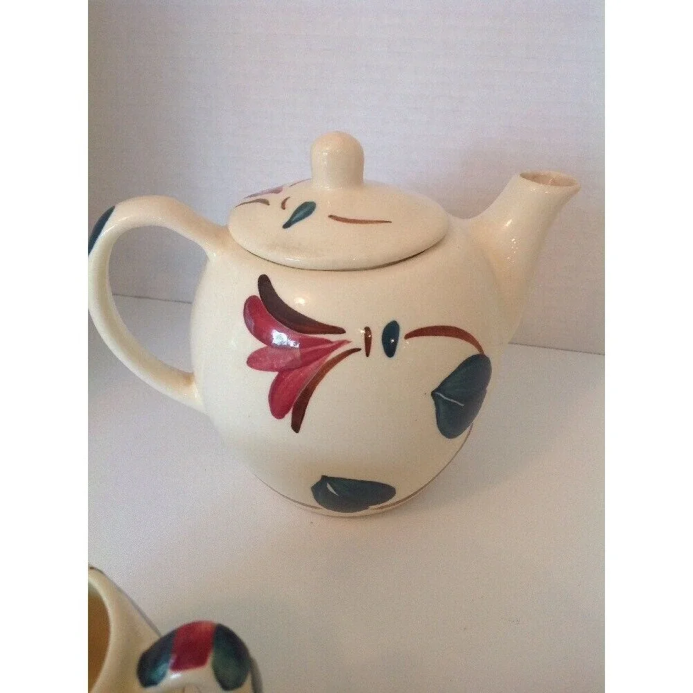 Purinton Apple Pottery slipware Tea/coffee pot with lid, Creamer& Sugar 3‎ piece